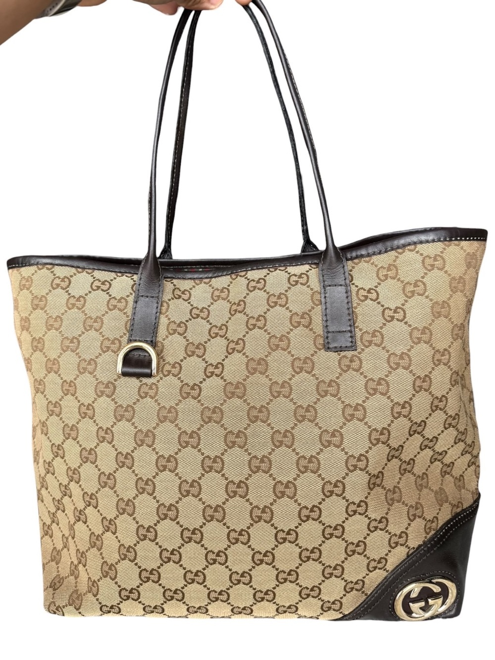 Gucci new britt Beige GG Supreme Canvas Tote Bag with Brown Leather Trim
